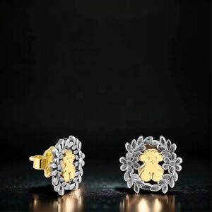 TOUS S925 Gold Black Wreath Silver Bear Mini Hoops Pin Earrings